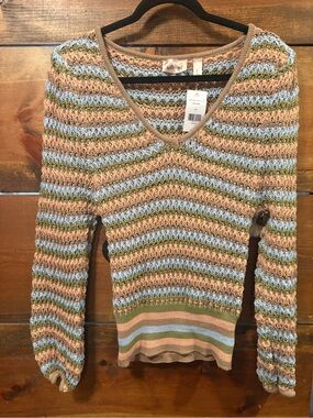 Striped Open-Knit V-Neck Sweater in Tan, Light Blue & Olive